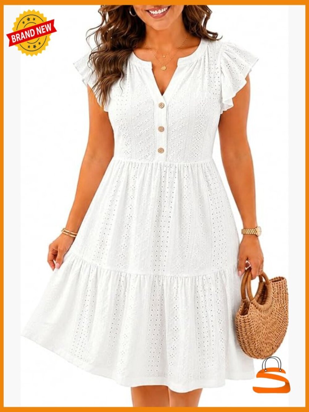 Eyelet Flutter Sleeve V-Neck Tiered Button Up Short Sundress
